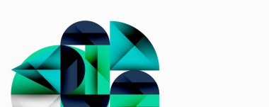 Soyut geometrik şekiller örtüşür, dinamik bileşim yaratır. Teal, donanma, yeşil renkler tasarımda baskın. Minimalist estetik.