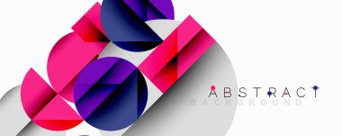 Modern geometrik kompozisyon. Canlı pembe, mor, donanma şekilleri örtüşüyor ve dinamik görsel efektler yaratıyor. Temiz tasarım, basit arkaplan.