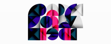 Soyut geometrik bileşim. Çemberler, üçgenler kelime riski oluşturur. Mor, pembe, deniz mavisi renkleri dizaynda baskın. Modern, şık estetik..