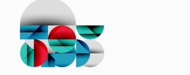 Soyut geometrik bileşim. Üst üste binen daireler, dikdörtgenler modern görüntüler yaratır. Mavi, kırmızı, beyaz baskın tasarım. Minimalist estetik.