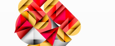 Soyut geometrik tasarım. Kırmızı, altın, gri şekiller kesişiyor, dinamik görsel doku oluşturuyor. Modern kompozisyon, temiz çizgiler.