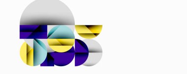 Soyut geometrik bileşim. Üst üste binen daireler, kareler dinamik görsel efektler yaratır. Modern tasarım, canlı renkler.