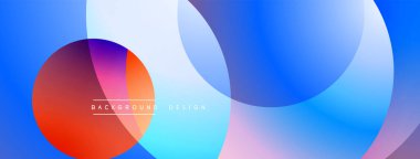 Soyut renkli çemberler çakışıyor. Gradyan gölgeler modern görsel efektler yaratır. Mavi, turuncu, mor renkler baskın kompozisyon.