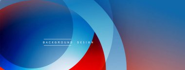 Soyut daireler örtüşüyor, parlak mavi ve kırmızı renkler yaratıyor. Modern tasarım derinlik, hareket, basitlik öneriyor. Yumuşak geçişler kompozisyona hakim..