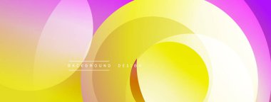 Soyut, enerjik çemberler çakışıyor. Yumuşak eğimler pürüzsüz geçişler yaratır, mor, sarı renkler dizaynın baskın renkleri. Modern estetik.