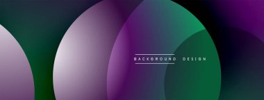 Soyut çakışan çemberler gradyan arkaplan oluşturur. Mor, yeşil renkler kompozisyona hakim. Minimalist tasarım modern estetiği öneriyor.