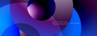 Soyut kompozisyon. Üst üste binen çemberler canlı gradyanlar yaratır. Mavi, mor renkler dizaynın hakimi. Modern estetik.
