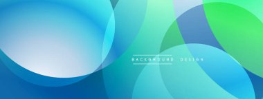 Soyut arkaplan özellikleri üst üste binen daireler, gradyanlar. Mavi, turkuaz, yeşil renkler pürüzsüz bir görsel akış yaratır. Minimalist tasarım.