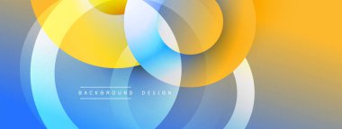 Soyut çemberler çakışıyor, canlı gradyanlar yaratıyor. Mavi, sarı, turuncu renkler düzgün bir şekilde harmanlanır. Arka planlar için modern tasarım ögesi.