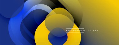 Soyut tasarım özellikleri üst üste binen daireler, gradyanlar. Mavi, sarı renkler modern görsel efektler yaratır. Minimalist kompozisyon.