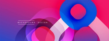 Soyut şekiller örtüşüyor, canlı gradyanlar yaratıyor. Pembe, mor, mavi renkler kompozisyona hakim. Modern tasarım ögesi.