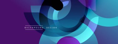 Soyut kompozisyon. Üst üste binen daireler dinamik görsel akış yaratır. Mor, mavi renkler tasarımda baskın. Modern estetik.