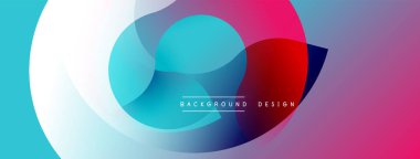 Soyut renkli çakışan daireler dinamik arkaplan oluşturur. Pürüzsüz gradyanlar turkuvaz karışımı, mavi, pembe, kırmızı renkler. Modern tasarım ögesi.
