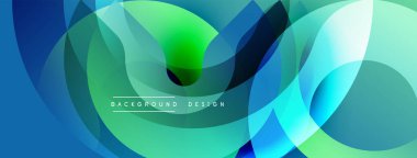 Soyut sıvı şekilleri örtüşür, canlı gradyanlar yaratır. Mavi, yeşil renkler kompozisyona hakim. Modern tasarım ögesi.
