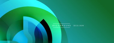 Soyut geometrik şekiller, canlı maviler, yeşiller modern arkaplan oluşturur. Yumuşak eğimler, üst üste binen katmanlar dinamik görsel efekt sunar.