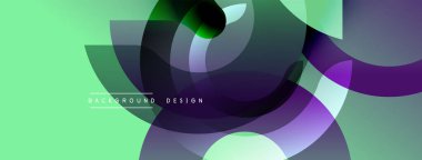 Soyut geometrik şekiller örtüşür, dinamik görsel efekt yaratır. Yeşil, mor, gri renkler kompozisyona hakim. Modern tasarım ögesi.