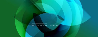 Soyut geometrik şekiller çakışıyor. Canlı deniz mavisi, yeşil renkler dinamik bileşim yaratır. Arka planlar için modern tasarım ögesi.