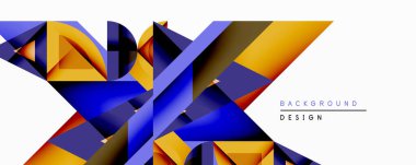 Soyut geometrik tasarım üst üste binen şekiller, canlı renkler içerir. Mavi, altın, mor dinamik kompozisyon yaratır. Modern estetik, uygun arkaplan ögesi.