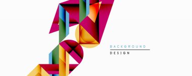 Soyut geometrik bileşim. Parlak renkli kurdeleler dinamik bir yapı oluşturur. Eğilimli modern tasarım elementleri, üst üste binen şekiller, canlı renkler. Minimalist arkaplan.