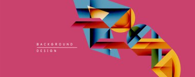 Soyut geometrik bileşim. Üst üste binen şekiller dinamik görsel efekt yaratır. Pembe arka plana karşı sıcak ve serin renkler. Modern tasarım ögesi.