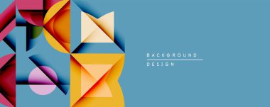 Soyut geometrik bileşim. Üst üste binen şekiller dinamik görsel efekt yaratır. Parlak renkler, serin mavi arkaplanla tezat oluşturur. Modern tasarım ögesi.