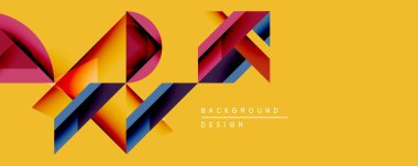 Soyut geometrik şekiller örtüşür, dinamik görsel efekt yaratır. Renkli, turuncu, mavi, sarı arka plana karşı. Arka planlar için modern tasarım ögesi.