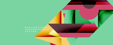 Soyut geometrik bileşim. Üst üste binen şekiller, dinamik görsel ilgi yaratır. Parlak renkler, nane arkaplanına karşı kontrasttır. Modern tasarım ögesi.