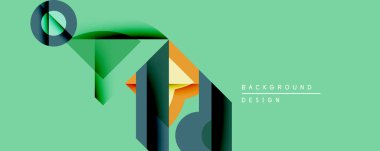 Soyut geometrik tasarım katmanlı şekiller, gradyanlar içerir. Yeşil, turuncu, gri ve koyu mavi elementlerle tamamlanmış arka plana hükmediyor. Modern estetik, temiz çizgiler, dinamik kompozisyon.