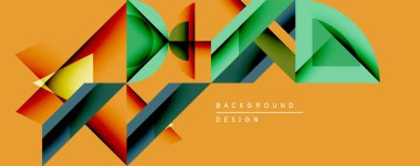 Soyut geometrik bileşim. Üst üste binen şekiller dinamik görsel efekt yaratır. Sıcak turuncu arka plan canlı yeşil, kırmızı ve mavi elementleri tamamlar. Modern tasarım.