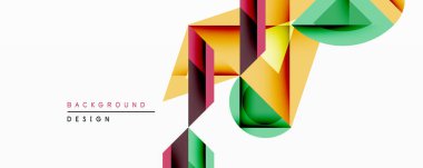 Soyut geometrik tasarım üst üste binen canlı şekiller içerir. Sarı, yeşil, turuncu, bordo renkleri dinamik kompozisyon oluşturur. Arkaplan ve sunumlar için modern biçim uygun.