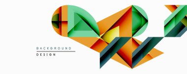 Soyut geometrik şekiller örtüşüyor, canlı renk eğimleri yaratıyor. Turuncu, yeşil, sarı, mavi renkler tasarımda baskın. Modern, dinamik kompozisyon arka plan için uygundur.