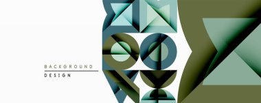 Soyut geometrik tasarım üst üste binen şekiller, daireler, üçgenler. Sessiz deniz mavisi, zeytin, kahverengi tonlar modern görsel doku oluşturur. Minimalist kompozisyon.