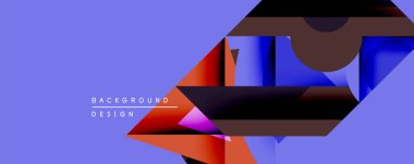 Soyut geometrik bileşim. Üst üste binen şekiller dinamik görsel efekt yaratır. Mor zemin, canlı kırmızı, mavi ve siyah elementleri vurgular. Modern tasarım.