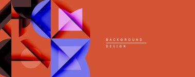 Soyut geometrik bileşim. Üst üste binen şekiller dinamik görsel efekt yaratır. Sıcak turuncu arka plan, serin mavi ve mor renklerle tezat oluşturuyor. Modern tasarım ögesi.