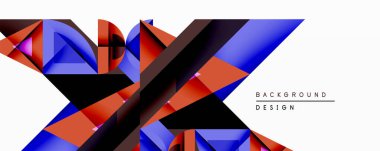 Soyut geometrik tasarım canlı kırmızı, mavi şekiller içerir. Üst üste binen çokgenler beyaz arkaplanda dinamik bileşimler oluştururlar. Modern, şık görsel element.