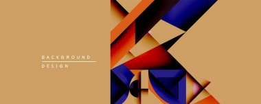 Soyut geometrik bileşim. Üst üste binen şekiller dinamik görsel efekt yaratır. Ilık bej arka plan canlı kırmızı, turuncu ve mavi elementlerle tezat oluşturuyor. Modern tasarım.