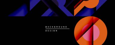 Soyut geometrik tasarım canlı mor, turuncu gradyanlar içerir. Şekiller örtüşüyor ve siyah zemine karşı dinamik bileşim oluşturuyor. Arka planlar ve sunumlar için modern estetik.