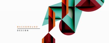 Soyut geometrik tasarım üst üste binen şekiller içerir. Teal, bordo, turuncu renkler dinamik görsel efekt yaratır. Çeşitli projeler için modern arkaplan.
