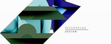 Soyut geometrik bileşim. Üst üste binen şekiller dinamik görsel efekt yaratır. Mavi, deniz mavisi, koyu yeşil renkler tasarımda baskın. Minimalist tarz, modern estetik.