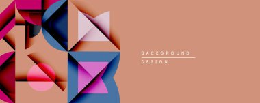 Soyut geometrik bileşim. Şekiller çakışıyor, dinamik görsel etki yaratıyor. Sıcak şeftali arka plan, havalı maviler, pembeler ve morları tamamlar. Modern tasarım ögesi.