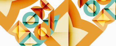 Soyut geometrik bileşim. Üst üste binen şekiller dinamik görsel doku yaratır. Sıcak turuncu, deniz mavisi, soluk sarı baskın tasarım. Minimalist estetik, modern his.