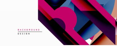 Soyut geometrik tasarım üst üste binen şekiller, canlı renkler içerir. Pembe, mavi, mor renkler dinamik kompozisyon oluşturur. Arka planlar ve sunumlar için modern estetik.