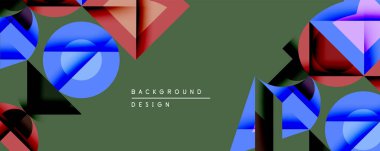 Soyut geometrik şekiller kompozisyona hükmediyor. Mavi, kırmızı, siyah elementler sessiz yeşil arkaplan ile tezat oluşturuyor. Modern tasarım derinliği ve dinamizmi çağrıştırıyor. Mevcut en küçük metin.