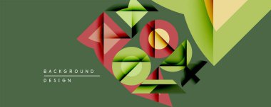 Soyut geometrik bileşim. Üst üste binen katmanlar, kırmızı, yeşil ve sarı renkler kullanarak derinlik yaratır. Arka planlar ve sunumlar için modern tasarım öğesi. Minimalist stil.