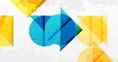 Soyut tasarım geometrik şekiller, canlı renkler içerir. Sarı elementlerle çevrili mavi ok kompozisyona hakim. Modern, temiz estetik.