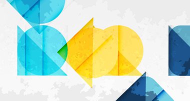 Soyut geometrik şekiller çakışıyor ve renkli harfler oluşturuyor. Mavi, sarı, yeşil renkler dokulu arka plana hakim. Modern tasarım.