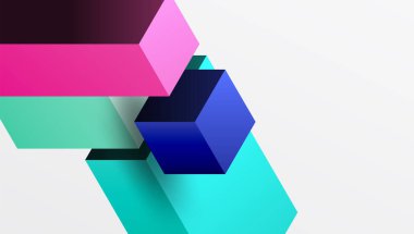 Soyut geometrik bileşim. Üst üste binen renkli küpler dinamik görsel efekt yaratır. Modern tasarım, temiz çizgiler, parlak renkler..