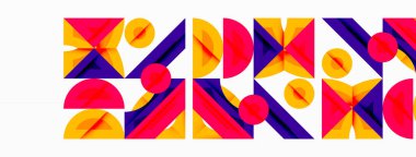 Soyut geometrik desen. Canlı renkler dinamik bileşim yaratır. Şekiller örtüşüyor, tekrar eden görsel ritim oluşturuyor. Modern tasarım ögesi.