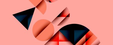 Soyut geometrik şekiller örtüşür, dinamik bileşim yaratır. Pembe arkaplan karşıtlığı, modern estetiği arttırır.