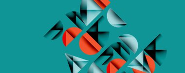 Soyut geometrik şekiller örtüşür, dinamik bileşim yaratır. Teal arka planı kırmızı, gri elementlerle çelişiyor. Modern tasarım.